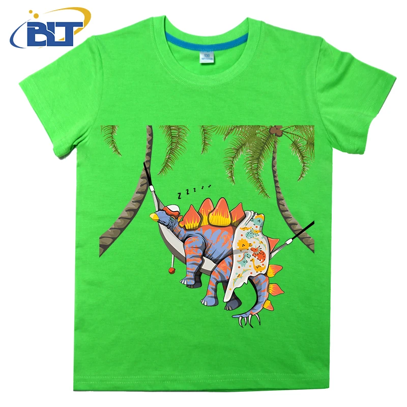 Cute Dinosaur Stegosaurus Sleeping Printed Kids T-shirt Summer Cotton Short Sleeve Casual Tops Suitable for Boys and Girls