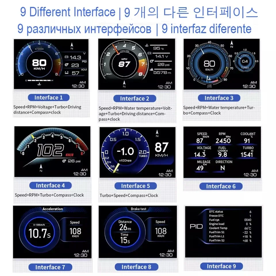 Newest A501 Gauge Car Head Up Display OBD2 Smart Car HUD Turbo Digital Odometer Security Alarm Water&Oil temp RPM Auto Meter