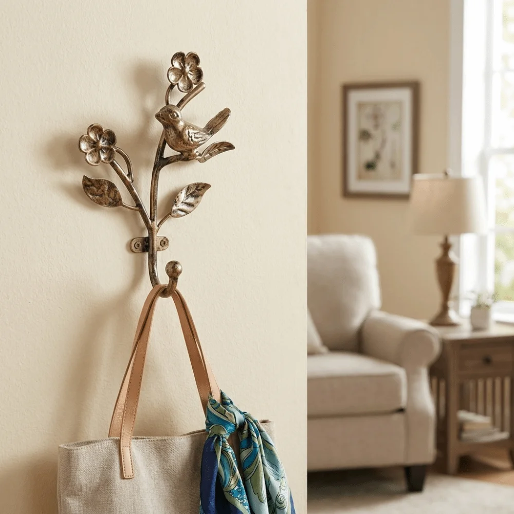 Space Saving Vintage Cast Iron Key Hook Sturdy 3D Flower Bird Design Wall Decorative Hook Rustic Coat Hook Entryway Use
