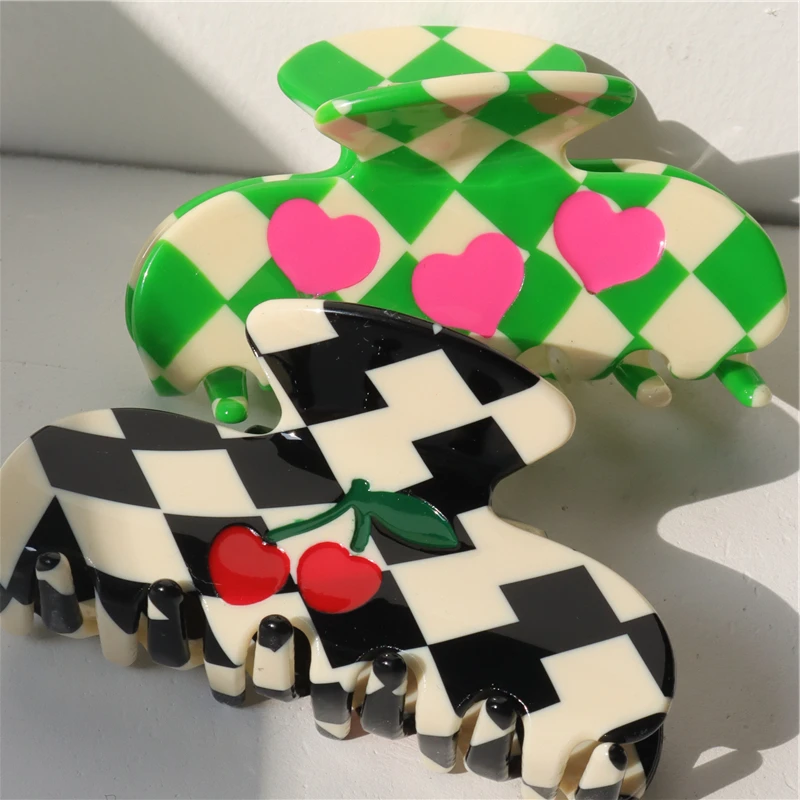 HANGZHI Retro Checkered Cherry Shark Hair Claw Pink Heart Lemon Print Ponytail Hair Clip for Women 2023 New Trendy Headwear