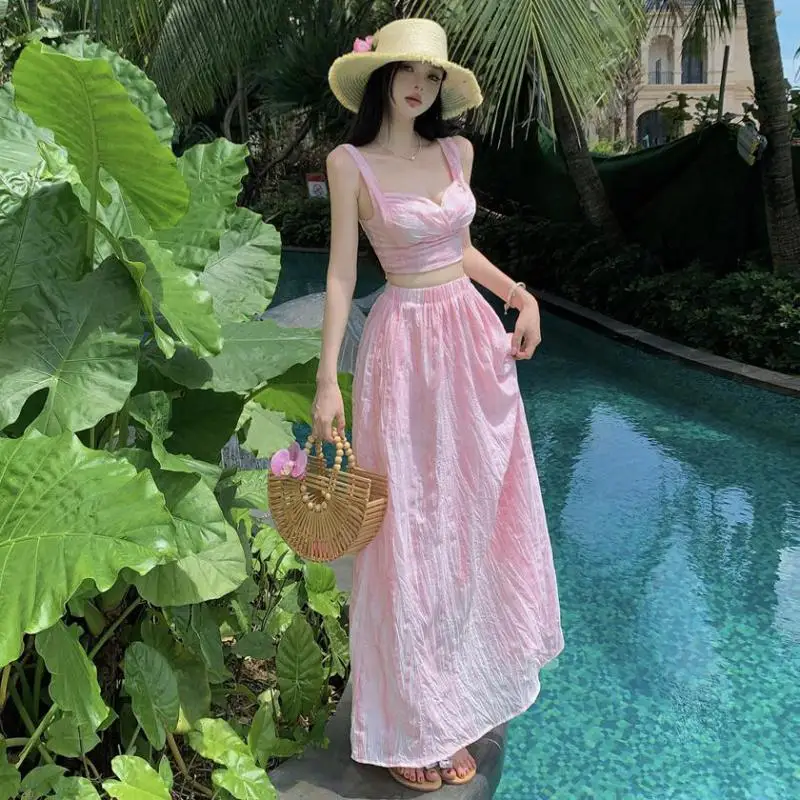 

Japanese Holiday Beach Pink Skirt 2 Piece Sets Women Outfit Summer Fashion Crop Top And High Waist Long Skirts Two Piece Set