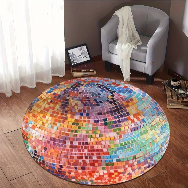 Rainbow Color Mosaic Tile Geometric Round Area Rug Non Slip Washable Soft Circular Floor Mat for Living Room Aesthetic Decor