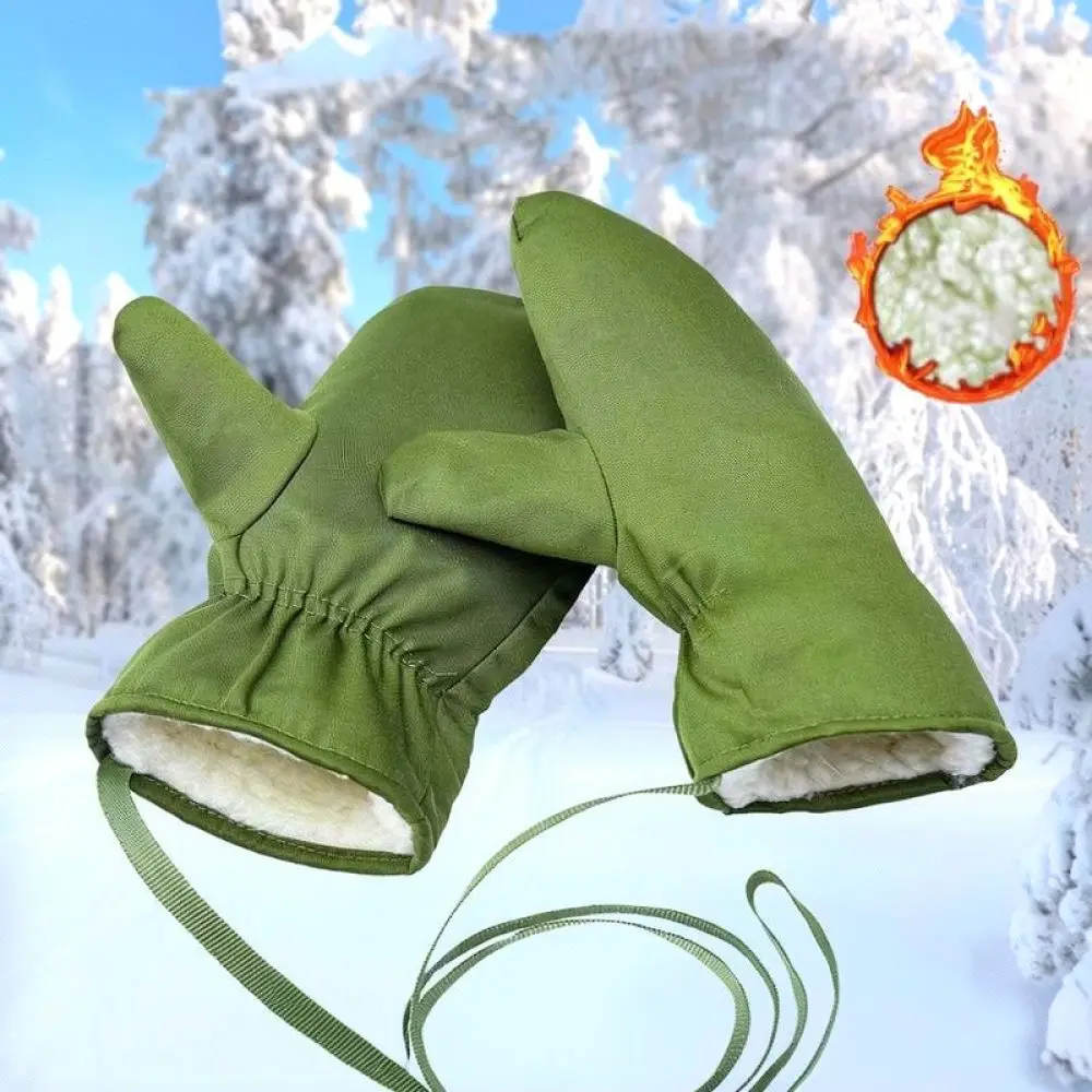 Winter Cold Proof Cotton Mittens For Men Outdoor Cycling Heavy Duty Gloves Windproof Warm With Hanging String Green