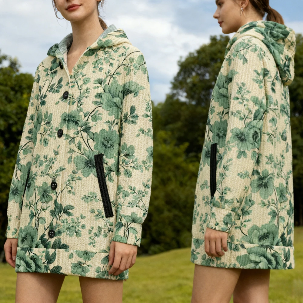 

Multicolor Vintage Florals Print Hooded Cardigan Wome Button Up Jacket with Pockets Casual Trendy Streetwear Coat Outerwear