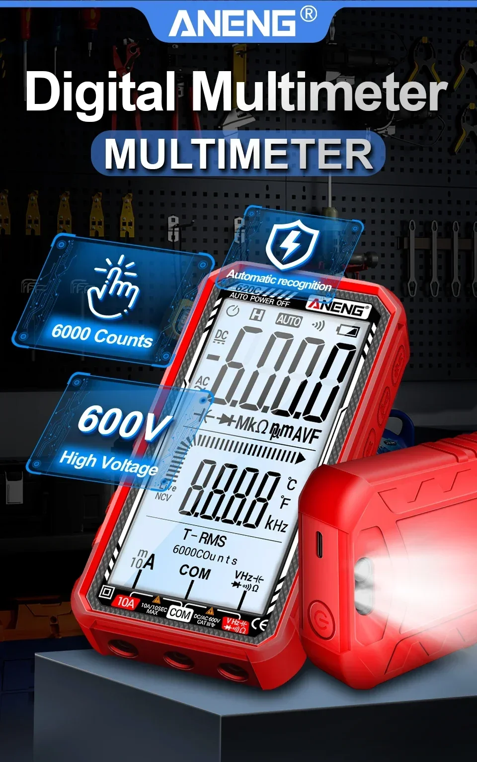 ANENG 620C/621A Digitales Multimeter AC/DC Spannungs- und Strommessgerät 6000 Anzeigen NCV Temperatur Kapazität Widerstand Frequenz ﻿ – Detail 2