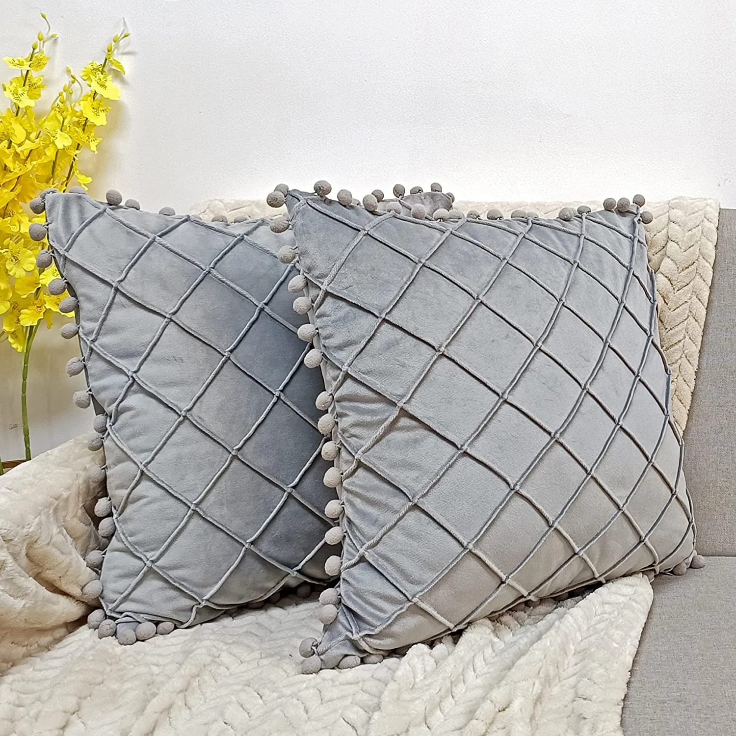 Inyahome 2pcs Set Velvet Waist Throw Pillow Cover with Pompom Solid Color Decorative Grey Cushion Covers Sofa Bedroom Pillowcase