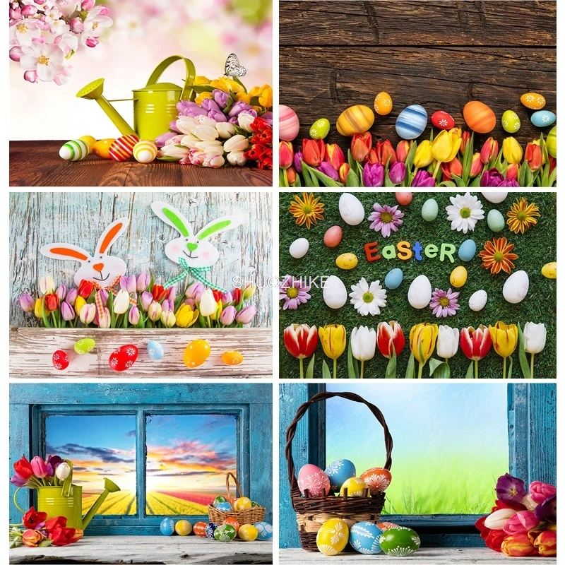 

SHUOZHIKE Spring Easter Photography Backdrop Rabbit Flowers Eggs Wood Board Photo Background Studio Props 210322CAW-01