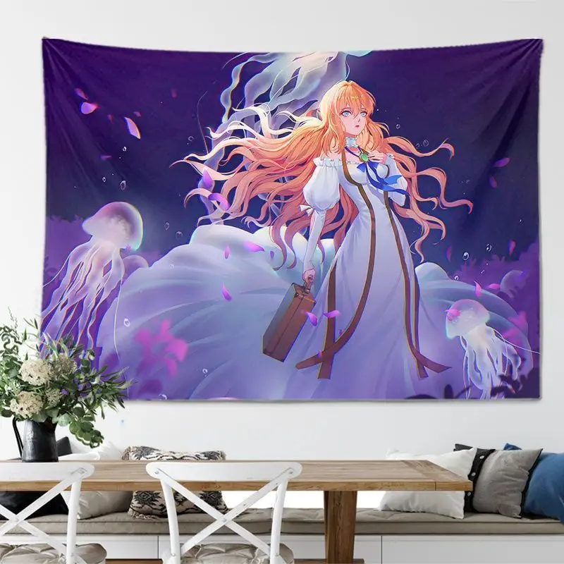 VIKAMA Violet Evergarden Anime Tapestry, Girl Art Print Wall Hanging, Aesthetic Decor for Dorm Bedroom Living Room