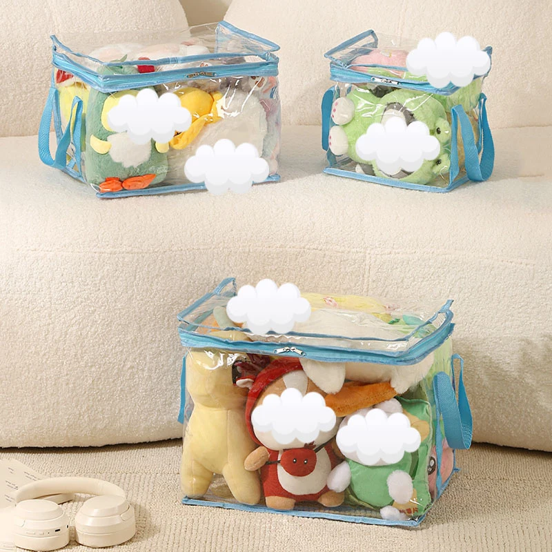 Transparent Zipper Storage Bag Stackable Storage Handle Bags Foldable Book Box Dust Proof Book Organizer Collapsible Clear Pouch
