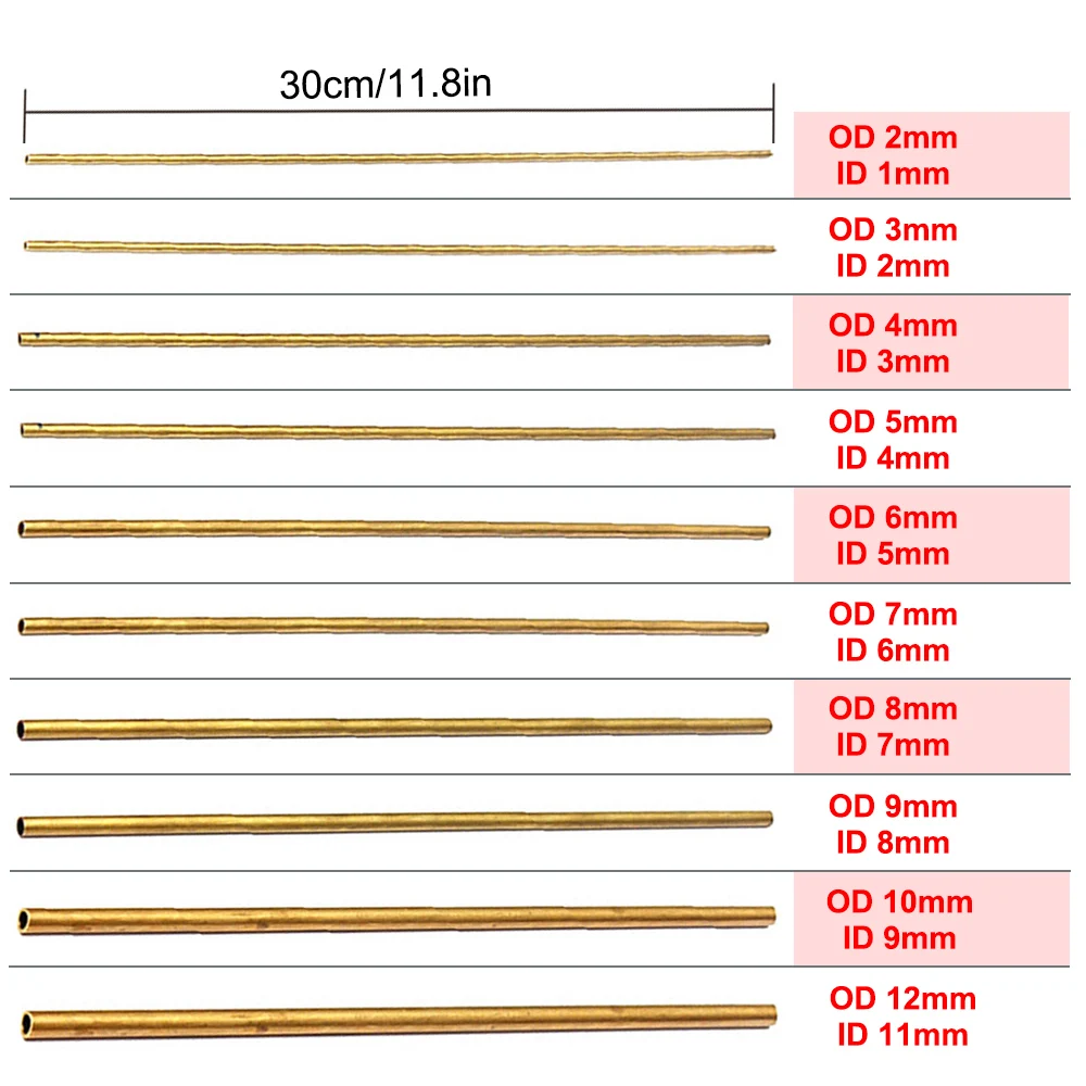 1PC Rury mosiężne DIY Rura okrągła Średnica 2/3/4/5/6/7/8/9/10/12mm Długość 300mm Długość 0.45mm Ściana Rura mosiężna Narzędzie do cięcia rur