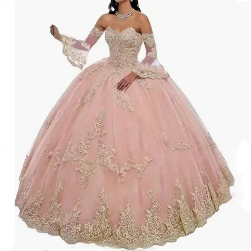 فساتين Quinceanera الوردية الأنيقة 2025 ثوب حفلة تول حفلة موسيقية المبتدأ الدانتيل ستة عشر الحلو 16 فستان Vestidos De 15 Anos