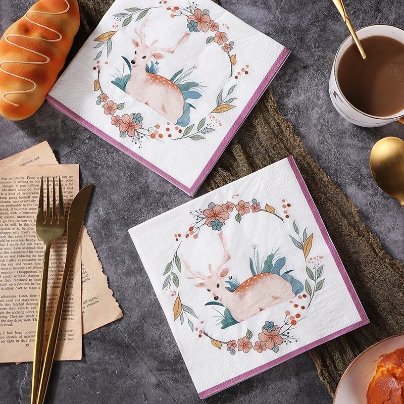 20pcs/Pac New Colorful Plum Deer Printed Paper Napkins Forest Party Pure Wood Pulp Paper Food Grade Wine Glass Folding Paper