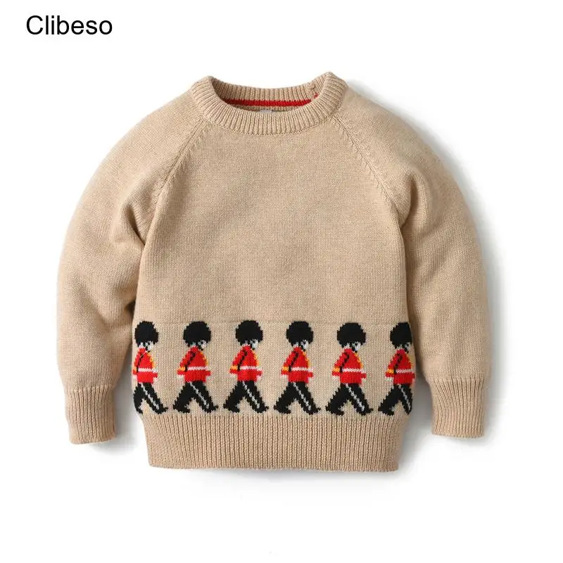 Clibeso Boys Knit Sweaters Kids Embroidery Soldier Pullovers Infant Cardigan Children Winter Knitted Sweater Tops Boy Knitwear