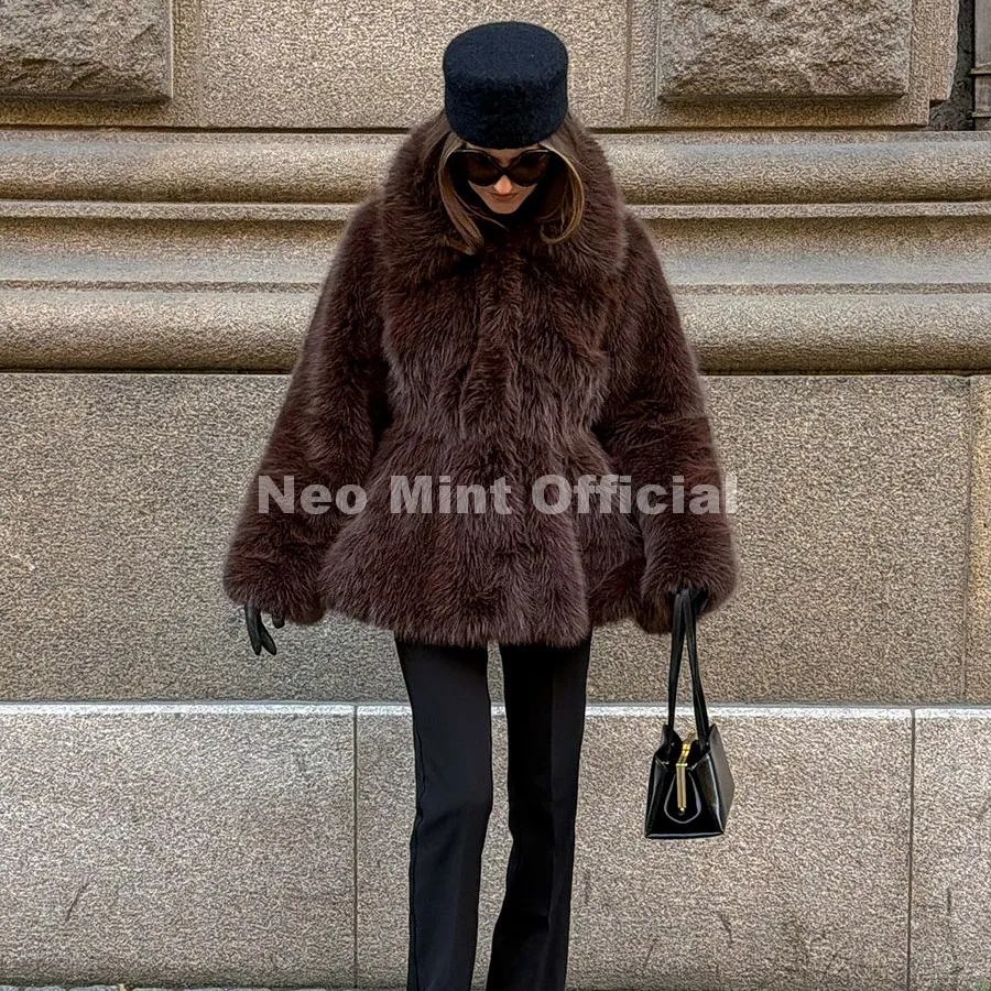 Neo Mint Trendy 2026 Winter Hot Chocolate Brown Peplum Fur Jacket Women Vintage Fashion Fluffy Faux Fox Fur Coat Long Outerwear