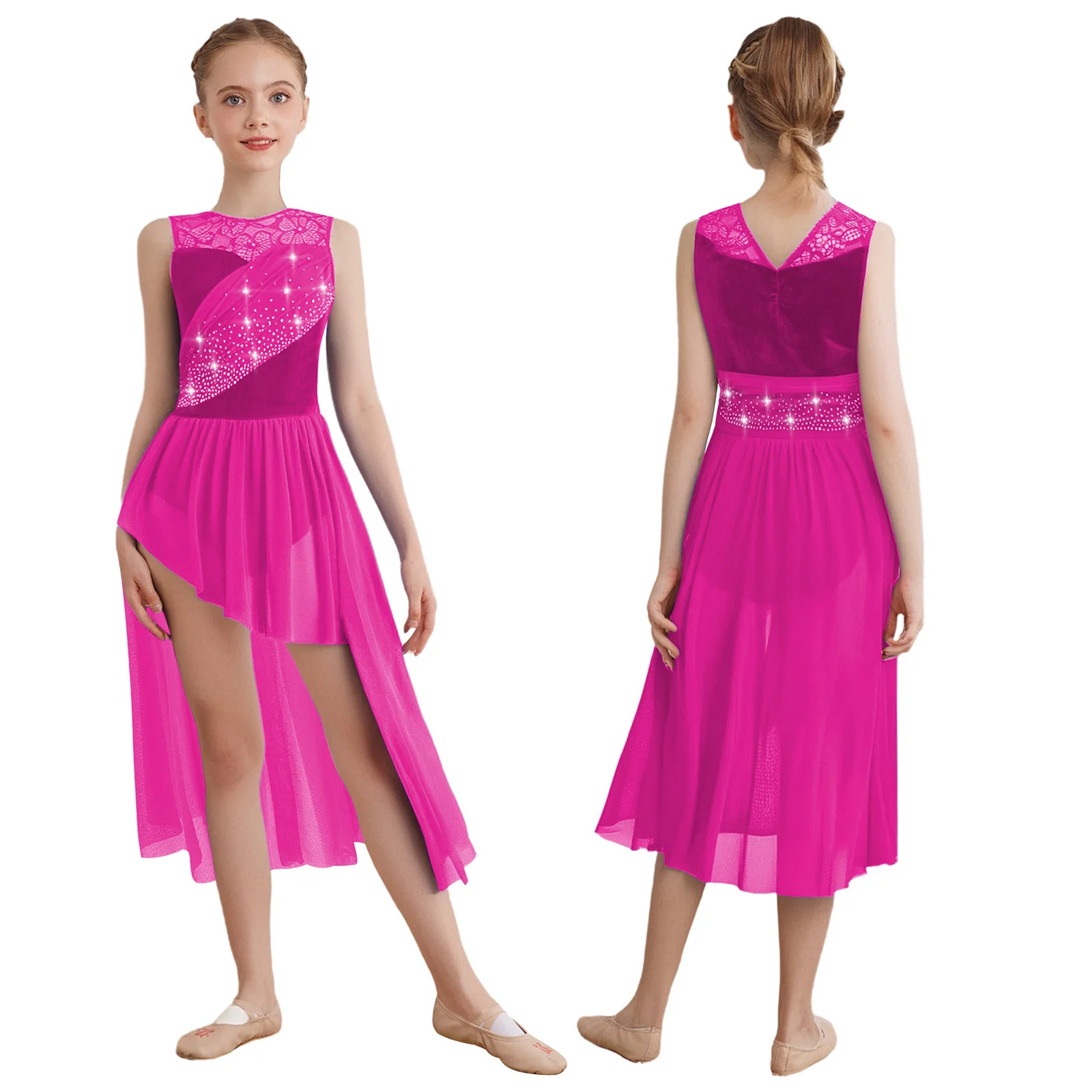 

Kids Girls Contemporary Performance Dress Lyrical Modern Dance Costumes Lace Patchwork Ruched Rhinestones Mesh Overlay Dresses