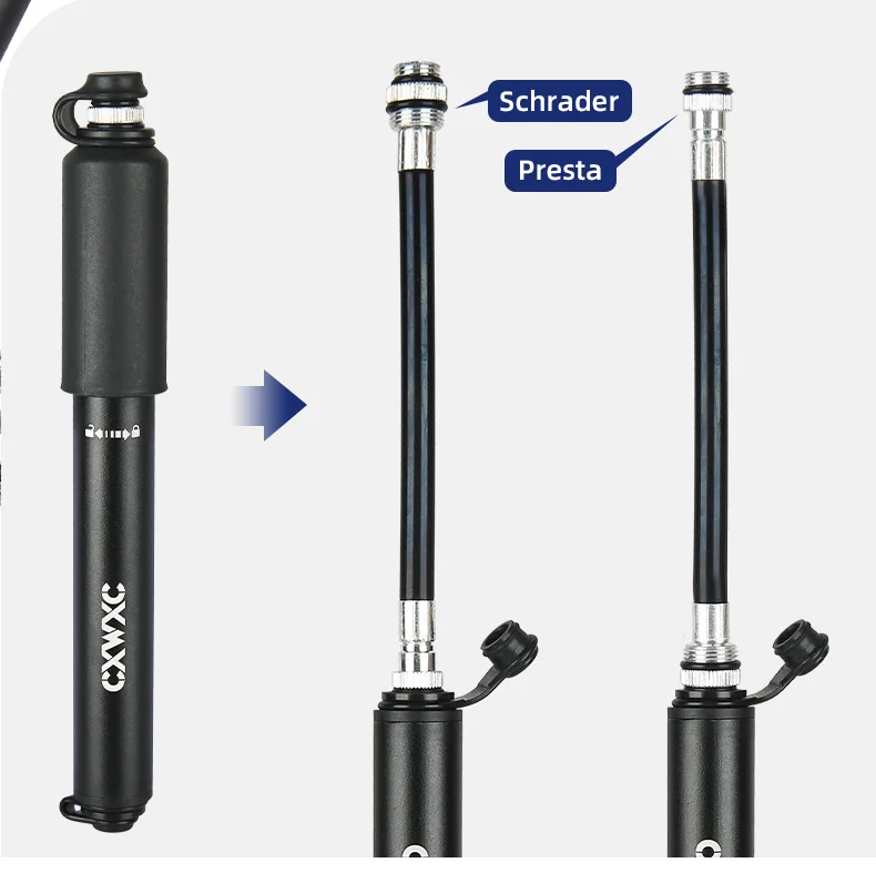 CXWXC Mini-Fahrradpumpe, max. 160 psi, tragbar, Schrader, Presta-Ventil, Luftpumpe, Aluminiumlegierung, Radfahren, versteckter Schlauch, Reifen, Handluftpumpe – Detail 14