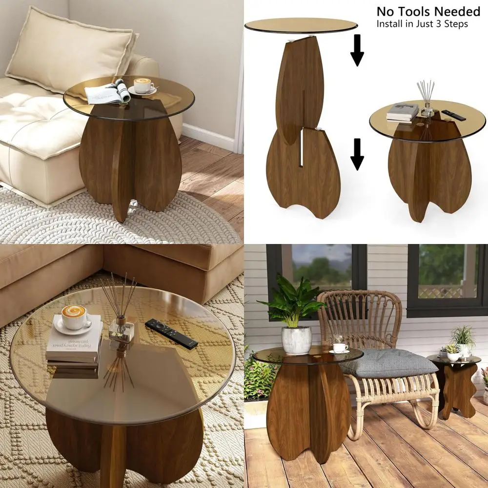 

Круглый стеклянный приставной столик, сборка без использования инструментов, отделка коричневого цвета - компактный приставной столик для гостиных и балконов