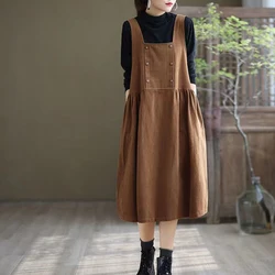 Women Clothing Vintage Fashion Simple Sleeveless Strap Casual Dresses Y2K Solid Square Collar Loose Pockets All Match Midi Dress