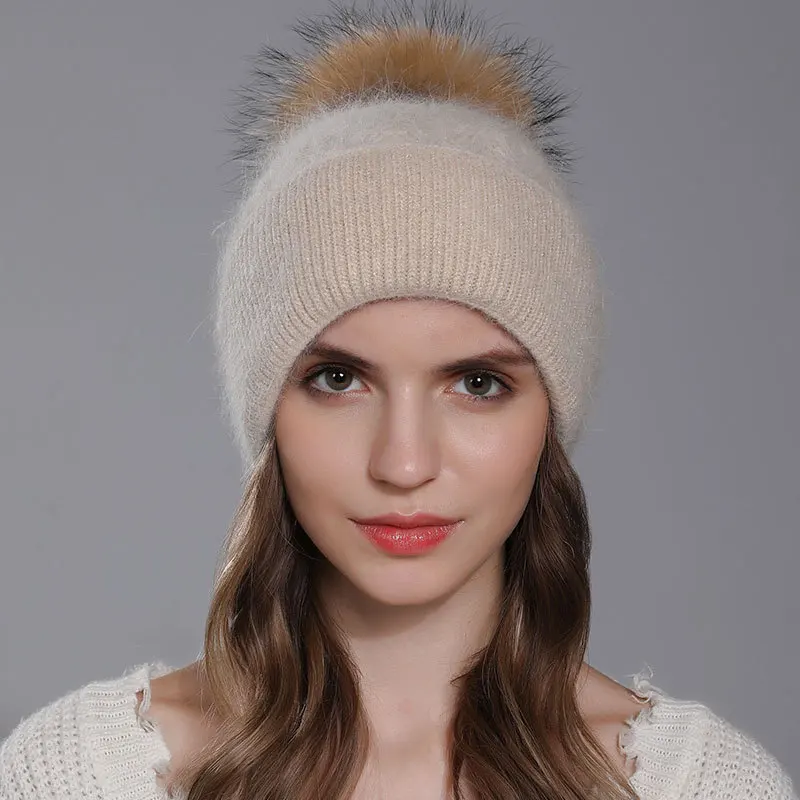 Women's Angora Rabbit Hair Knitting Hat Winter Fried Dough Twists double-layer Flanging Wool Hat Raccoon Dog Fur Wool Ball 4m864