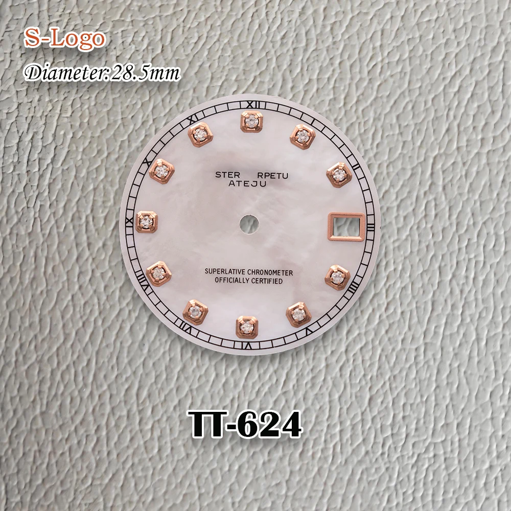 New 28.5mm S Logo Diamond pearl shell NH35 Dial Golden Index Dial Fit NH36 Movement No Luminous Watch Modification Accessories