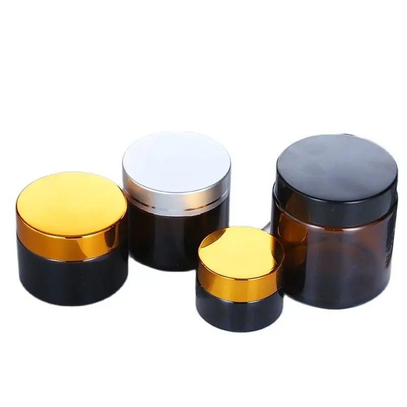 

10pcs 5g 10g 15g 20g 30g 50g Amber Brown Cosmetic Glass Jars Gold Silver Black Lid Empty Makeup Containers Skincare Cream Pots