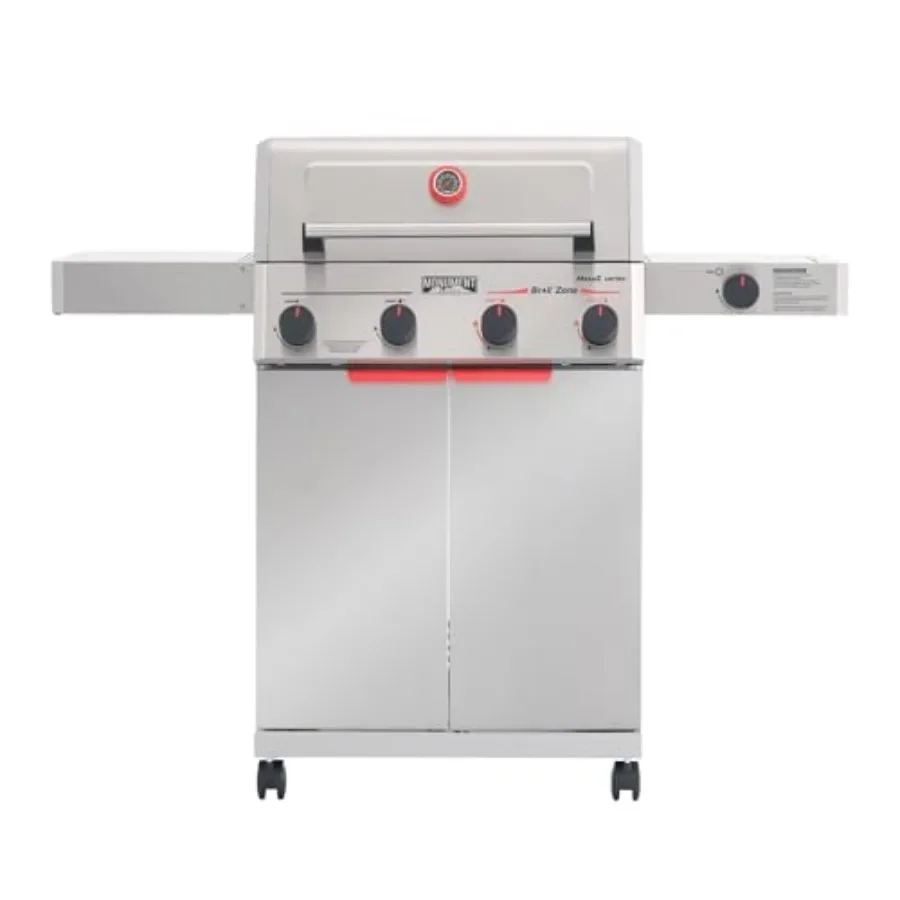

Outdoor patio grill with stainless steel construction, black finish, 4+1 burner configuration, 49, 000 BTU output, 525 sq.in co