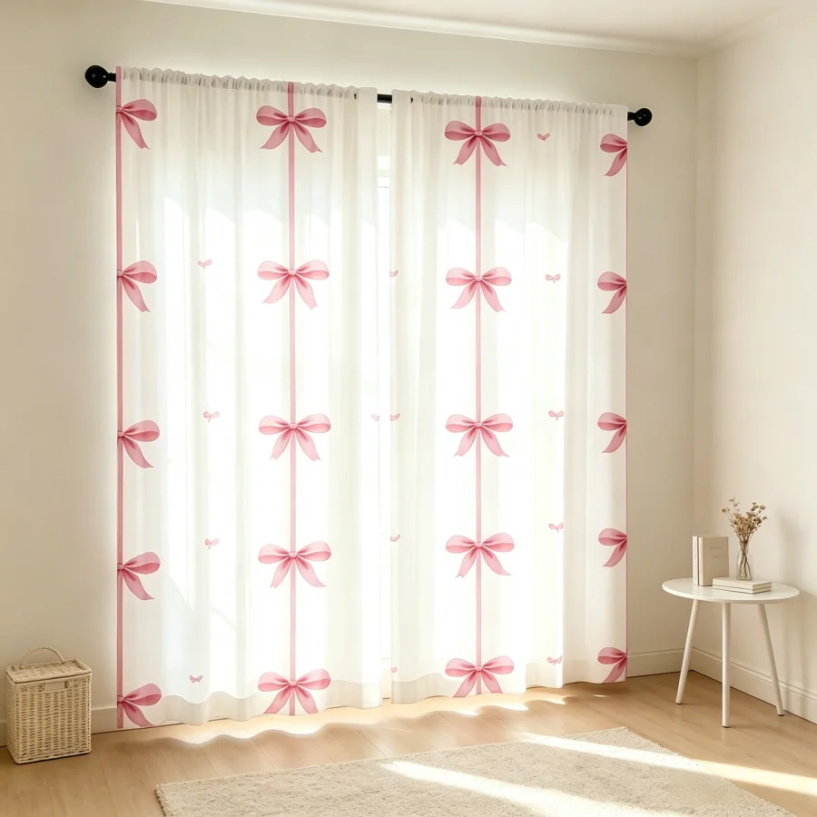 2PCS Digital Print Curtain, Vertical Lines with Pink Bows, Cute Preppy Striped Girls Room Style for Living Room Bedroom Decor