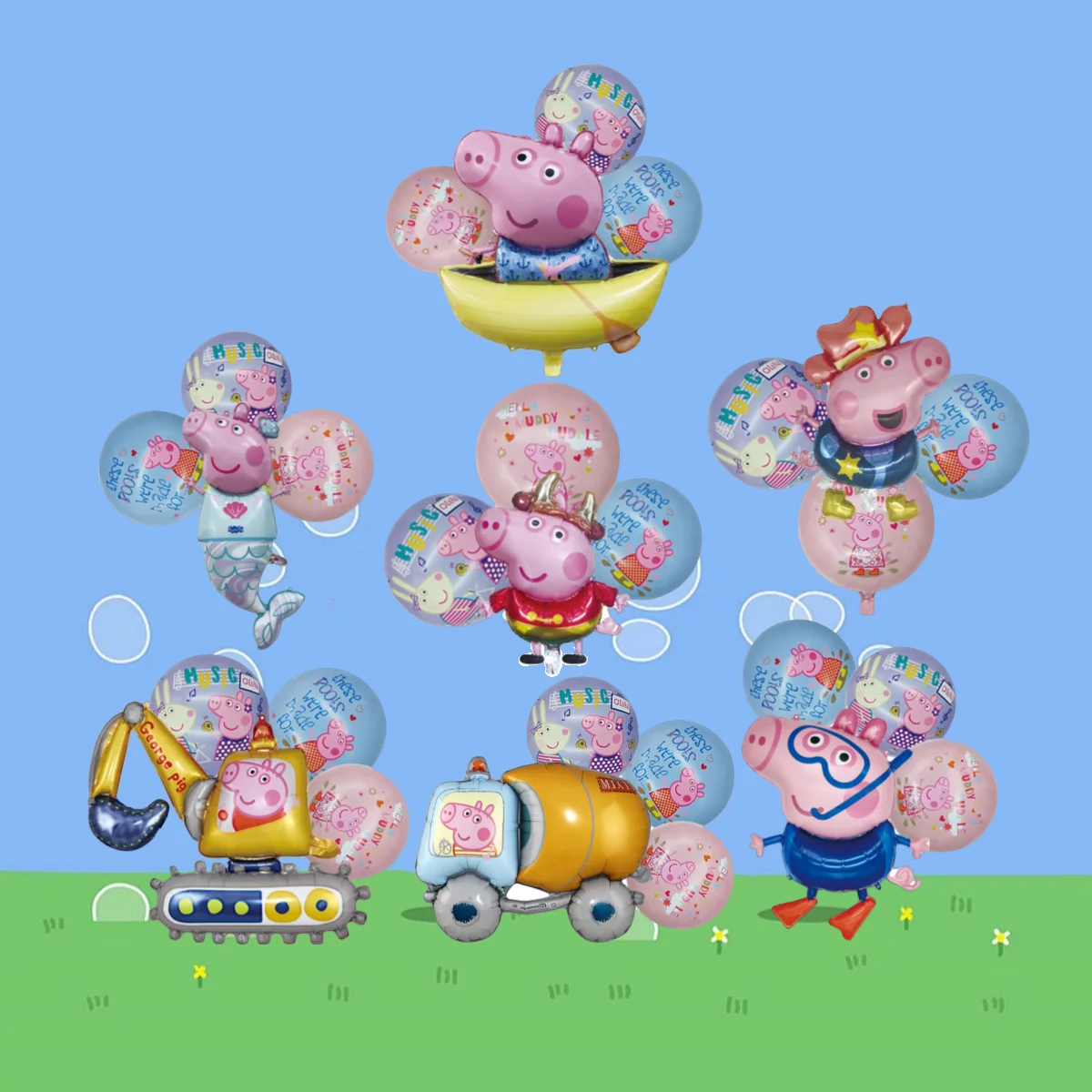 4 Uds Peppa Pig dibujos animados lindo excavadora camión de cemento forma George película de aluminio globo combinación conjunto decoración de fiesta de cumpleaños