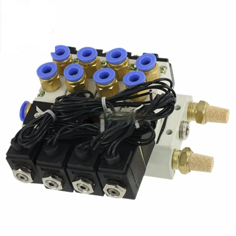 

4V110-06 AC 220V Quadruple Solenoid Valve Mufflers 6mm Quick Fittings Base Set
