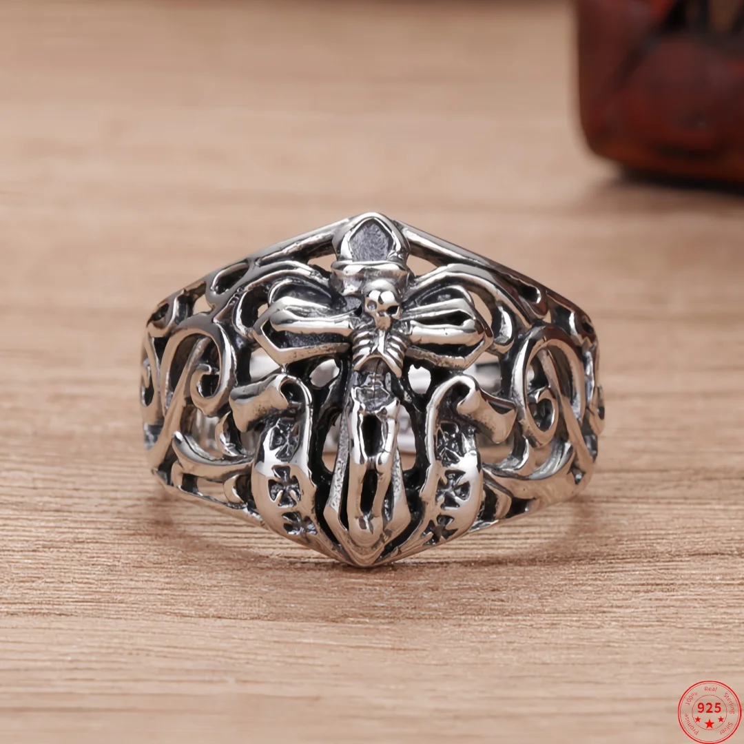 BOCAI New S925 Sterling Silver Charms Rings for Men Antique Hollow Pattern Skull Cross Charm Opening Ring Fine Choice Jewelry