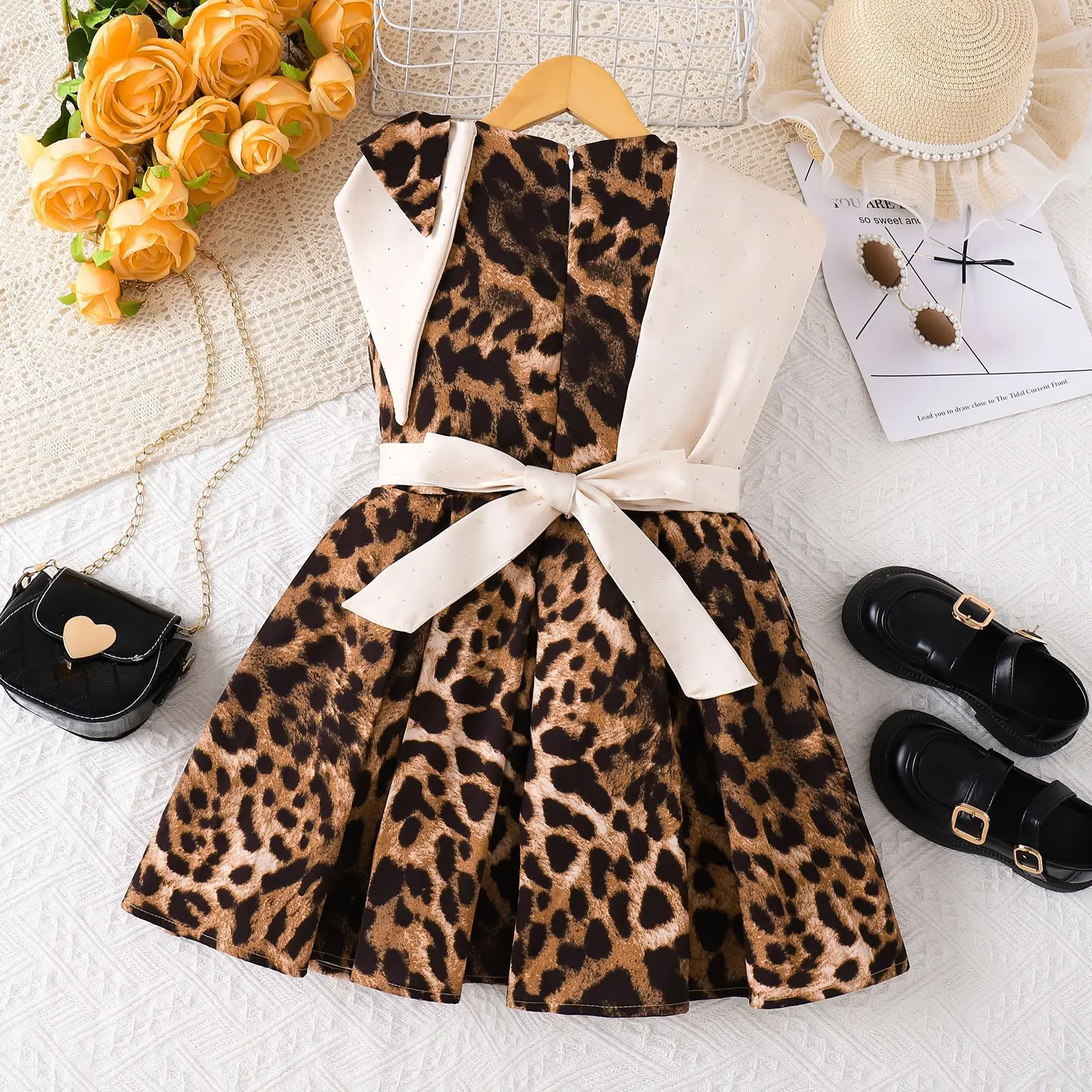 

2026 Summer Girls 2 Piece Outfit, Fake Long Sleeve Knit Top & Princess Pleated Skirt with Belt for 3-7Y