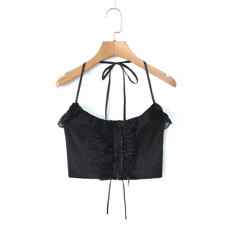Cute Girl Sle Lace Trim Splice  Top Hanging Ne Sexy Bal Belted Versatile Slim High Waist Strap Vest for Women