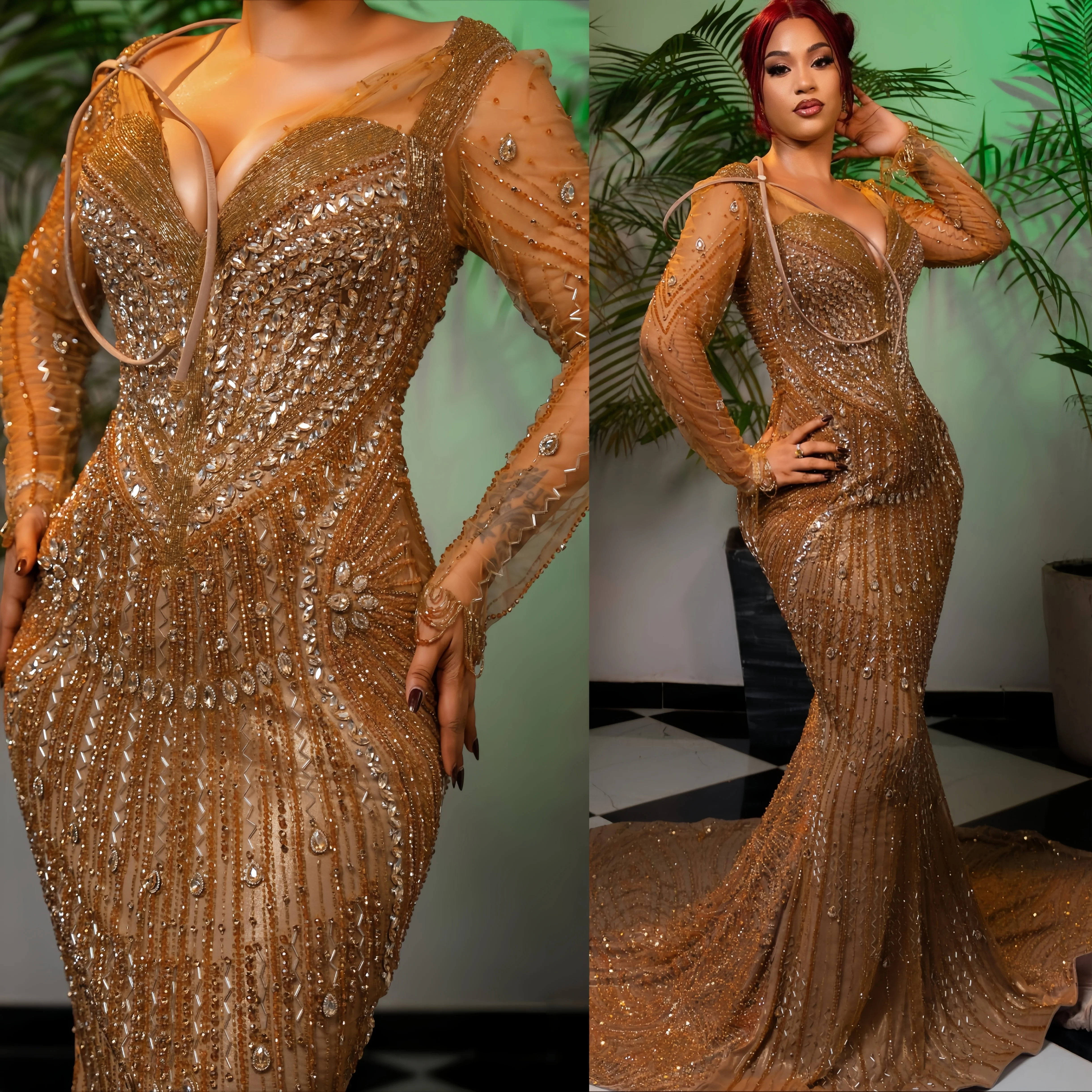 Gaun Prom Putri Duyung Coklat 2026 Gaun Gaun Pesta Ulang Tahun Formal Malam Berkilau Kerah V Dalam Manik-manik Kristal ZJ2609