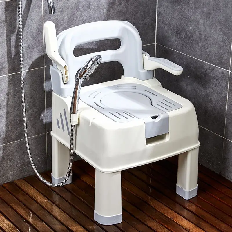 Home Furniture 2 in 1 Bedside Commode Chair Shower Seat Height Adjustable Toilet Chair with Shower Head Stand for Adults Seniors