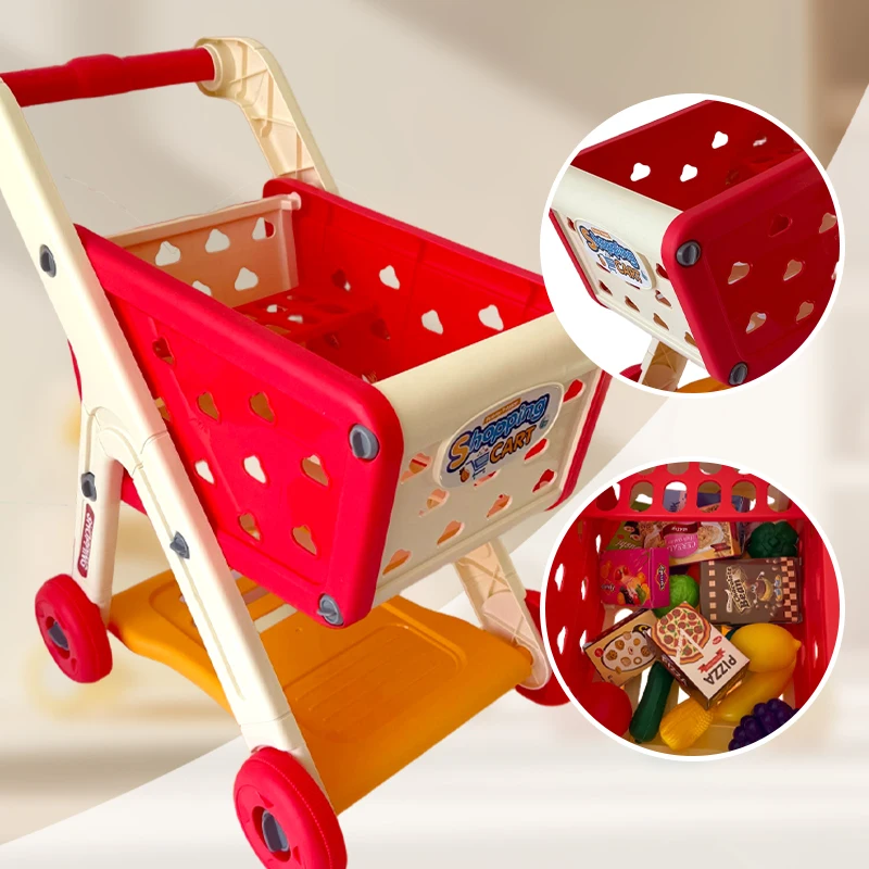 어린이 쇼핑 카트 장난감 17PCS – 레드 |   과일 및 음식 상자가 포함된 소꿉놀이 세트 |   바퀴와 수납공간이 있는 48cm 푸시카트 |