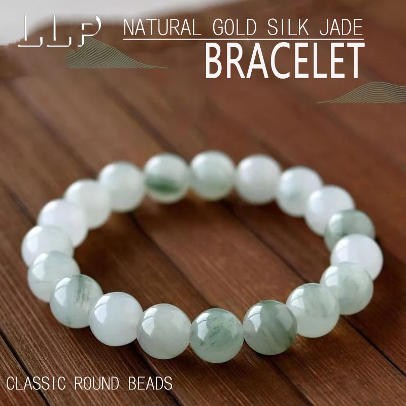 

Natural Golden Thread Jade Light Green Floating Flower Elastic Bracelet Fashionable Jewelry Girl Amulet Festival Gift