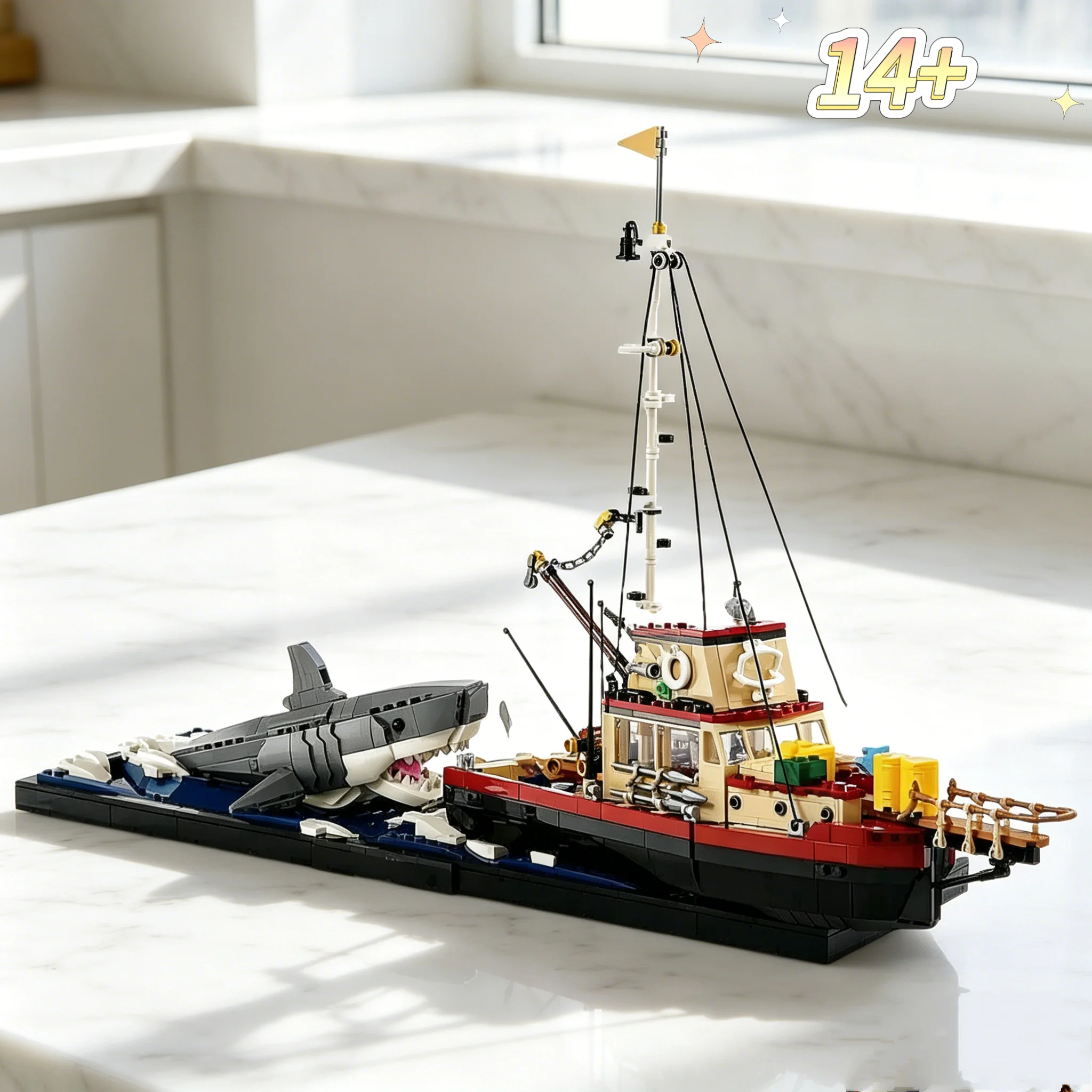 Auf Lager Kreatives Modell JAWS Diorama Boot Hai Piratenschiff Bausteine Fischerboot Bausteine Weihnachtsgeschenke