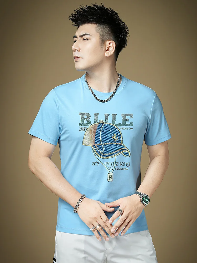 

Men's ort Sve T-irt Summer New Sle Faionable Base Layer Clothing with Rhinestone Printing Knitted Fabric round Ne