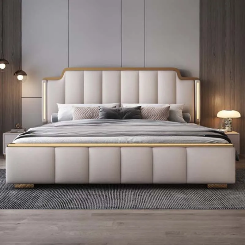 

Unique Pretty Luxury Double Bed Modern Leather Wood Light Comferter Queen Bed Bedroom Storage Letto Matrimoniale Furniture Home