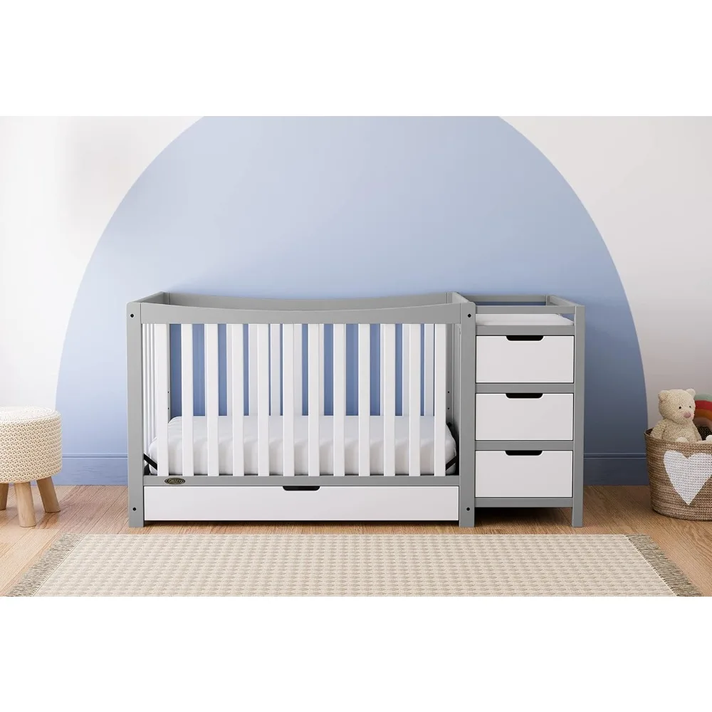 Remi 4-In-1 Convertible Crib & Changer With Drawer (Pebble Gray & White) – GREENGUARD Gold Certified, Crib And Changing-