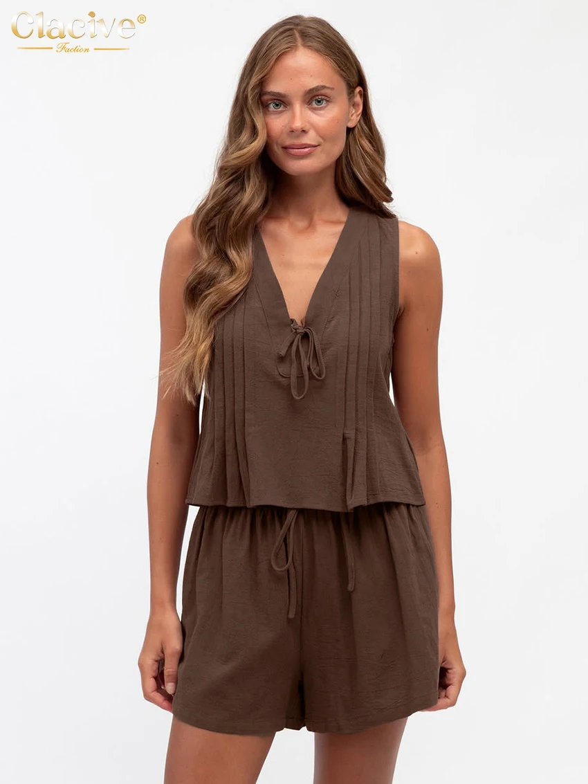 

Clacive Summer Loose Brown Cotton Women's Two Pieces Set 2026 Fashion Sleeveless Tank Top With High Waist Shorts Set Female