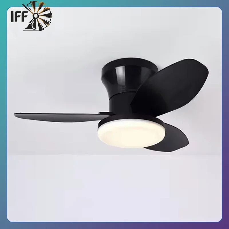 

Hot sale 24-inch Low Floor Ceiling Fan Light Modern Black ABS Blade DC Remote Control Led Fan Lights Restaurant 110V 220V