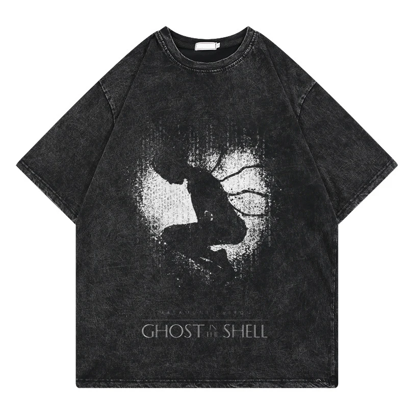 Anime Ghost In The Shell T-Shirt Print Vintage Washed Tshirt Streetwear Hip Hop Short Sleeve Oversized Casual Cotton T Shirts