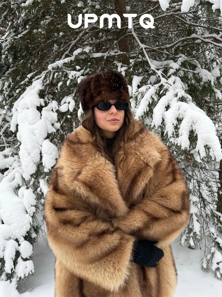 Brown Stripes Gradient Premium Faux Fox Fur Coat Women’s Fashion Iconic Plush Outwear High Street Vintage Cozy Everyday Outfit