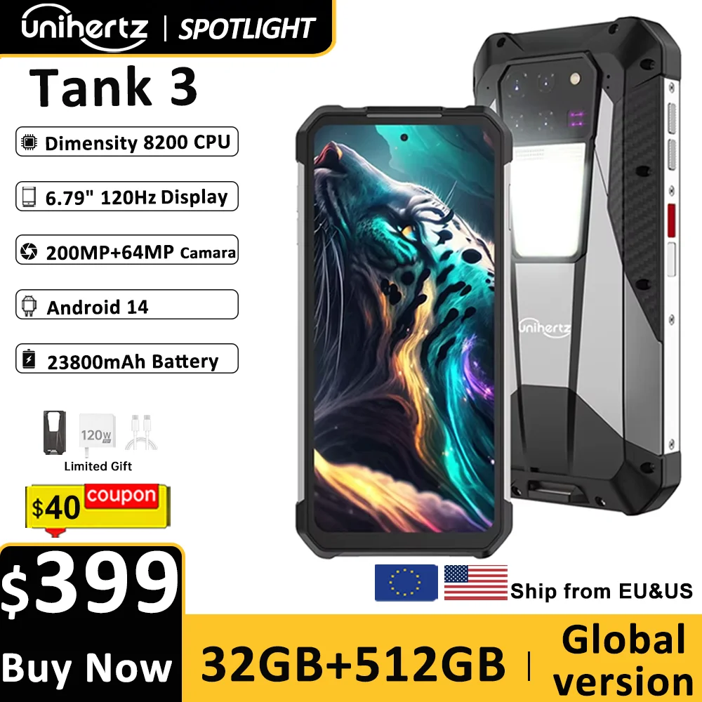 US AU EU Stock Unihertz 8849 Tank 3 Wytrzymały smartfon 5G 32GB 512GB 23800mAh 120W Ładowarka Dimensity 8200 200MP 120Hz Telefon komórkowy