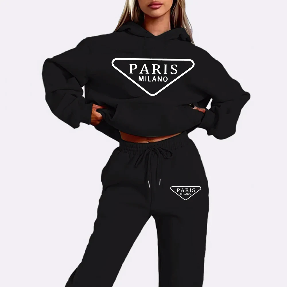 PARIS MILANO Printed Women Hoodie set Street Hip Hop Clothing Casual Female 2pcs Clothing Plush sweatshirt Y2K Youthful