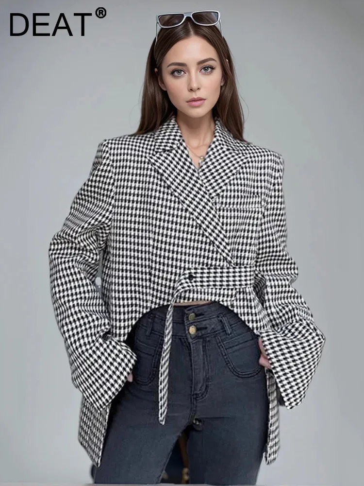 DEAT Fashion Women\'s Plaid Blazer Motched Collar Irregular Hem Loose Single Button Short Suit Jackets Summer 2024 New 5R4783