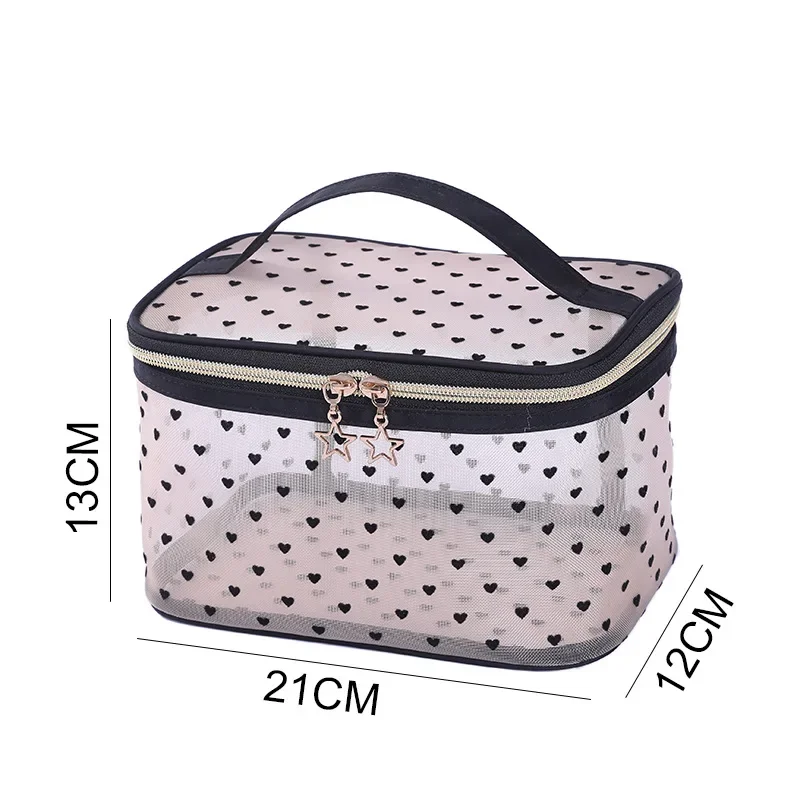 Mesh Cosmetic Makeup Bags Case Holder Cute Transparent Zipper Black Heart Printed Pencil Pen Case Pouch Convenient To Carry