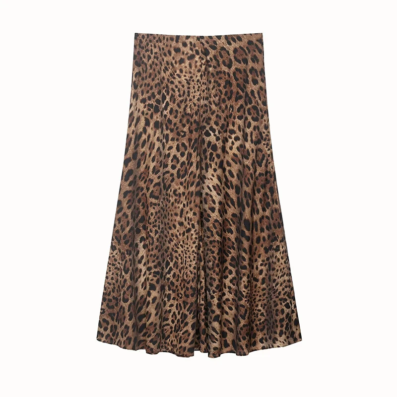 Vintage Leopard Print Satin Skirt Women High Waist A-Line Long Skirts Spring Summer Elegant Casual Streetwear