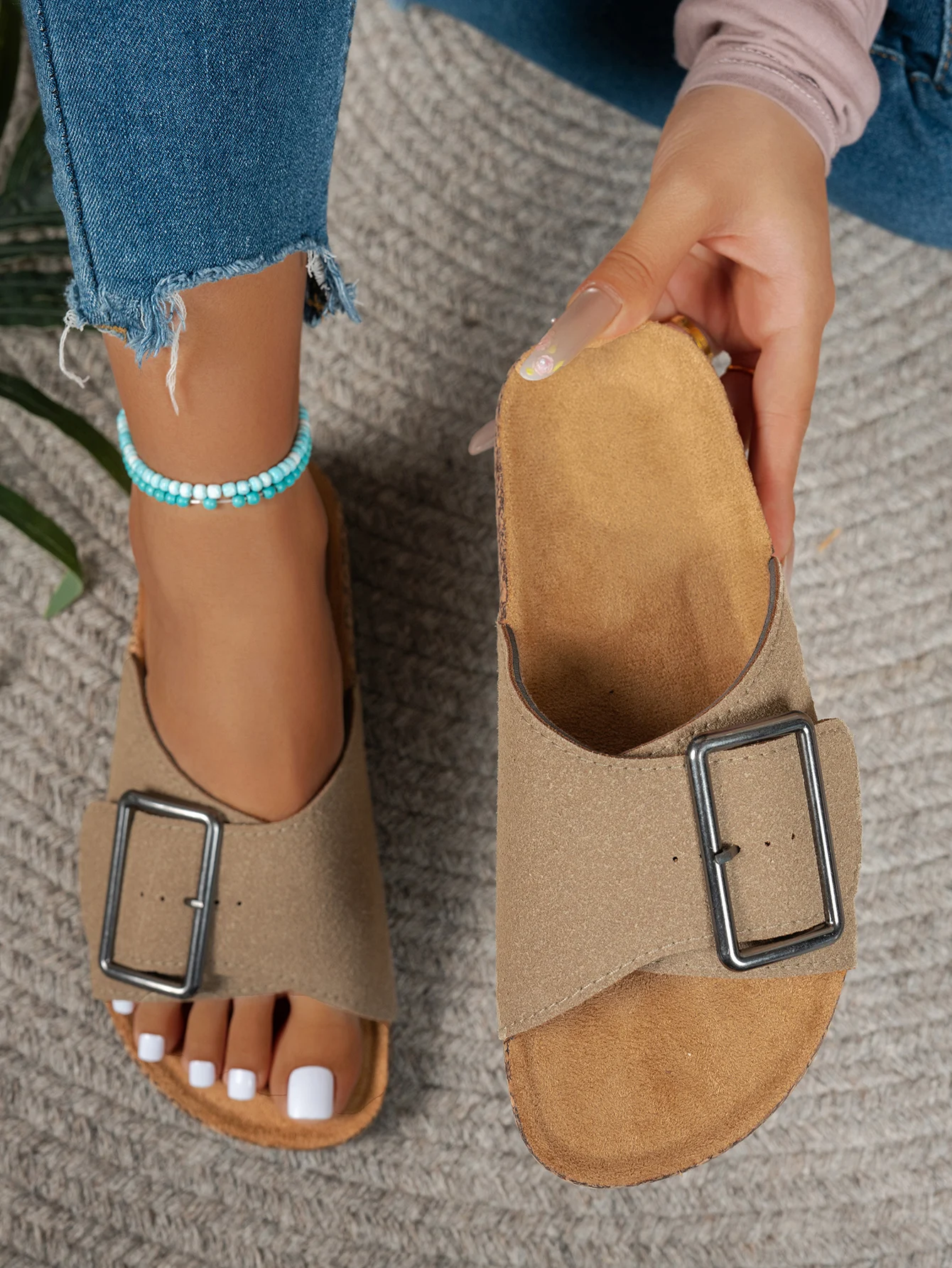 Women's Summer Spring and Autumn Casual Simple Large Buckle Suede Upper Soft Wood Grain Comfortable Flat Heel Slip-On Beach Slippers image 2